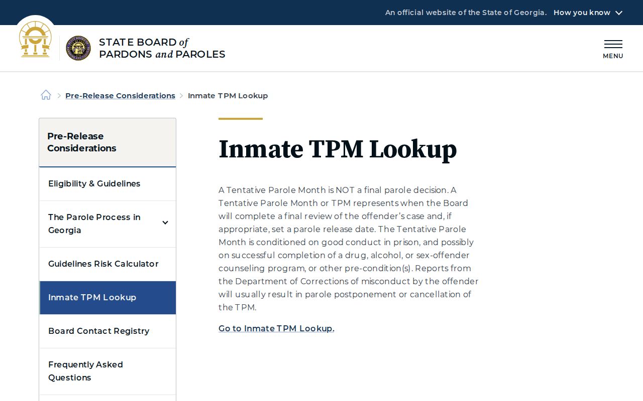 White County projected release date research on Georgia Parole TPM lookup