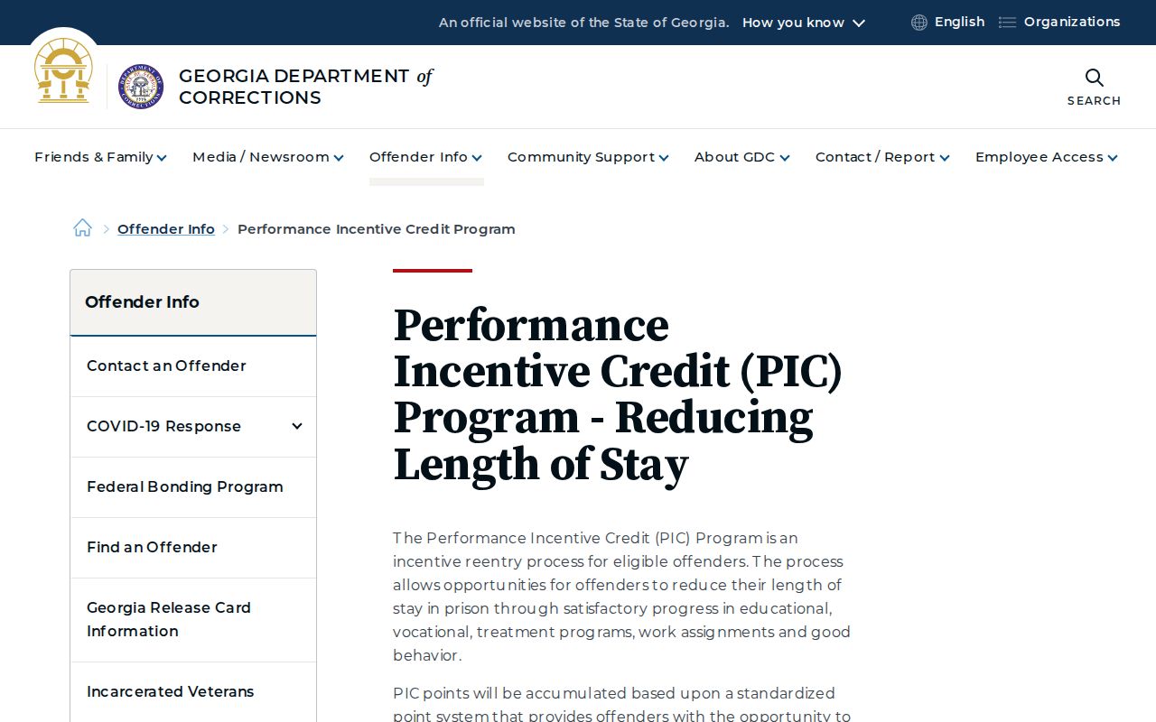 White County inmate release date information on the GDC Performance Incentive Credit page